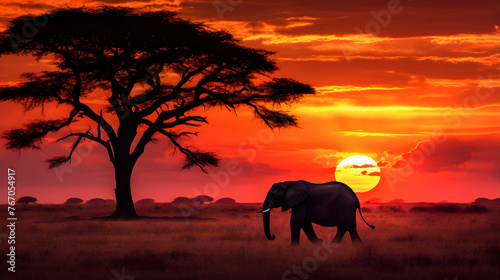 The Majestic Silhouette of an Elephant against the African Savannah Sunset