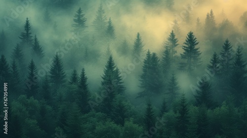  A dense forest shrouded in fog and misty clouds on a cloudy afternoon