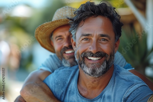 Two men, wearing sun hats and smiling, embrace on grassy field photo