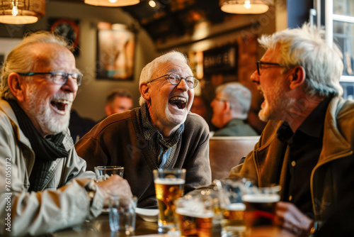 Group of seniors enjoying a conversation in a pub
