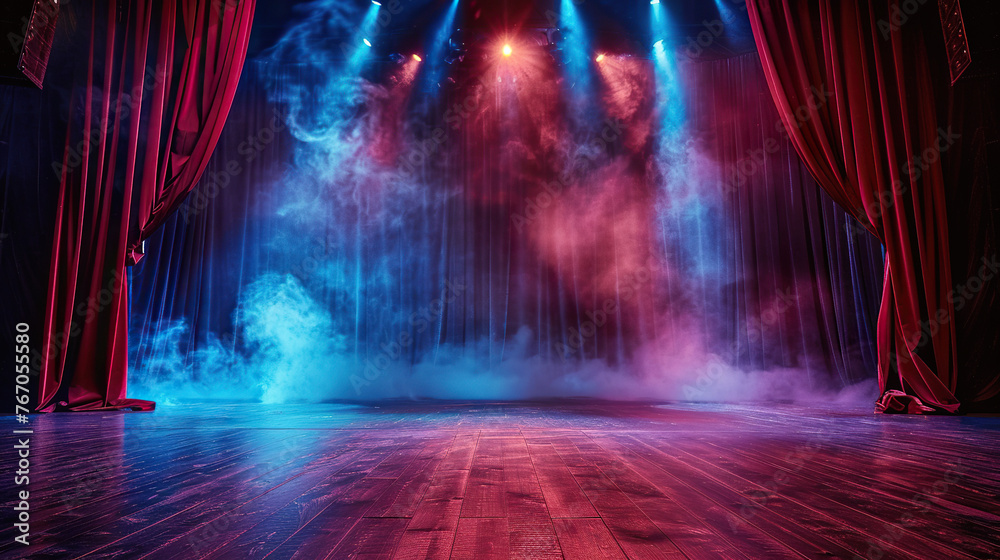 A stage with red curtains and blue smoke. Scene is mysterious and dramatic