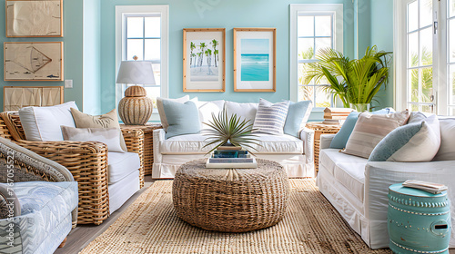 A coastal living room escape with calming blue tones, woven furniture, and natural elements evoking a beachside retreat. 
