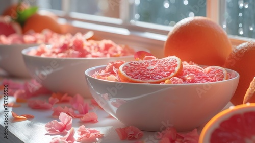  Blood oranges in a white bowl on a windowsill