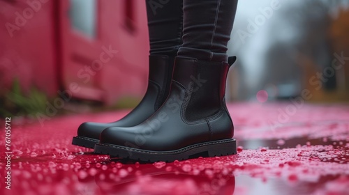   Person's black boots on wet surface with red building background