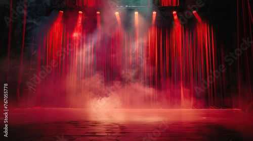 A red stage with smoke and lights. The stage is set for a performance