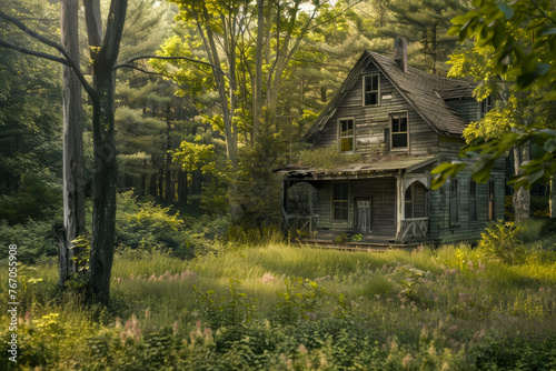 Abandoned house in overgrown greenery