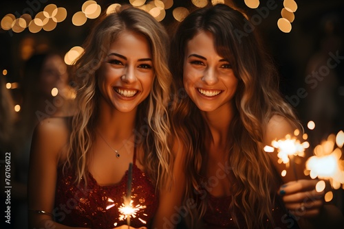 Female friends holding sparklers at New Year's party midnight countdown