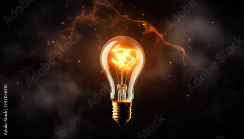 Light bulb with fire on black background