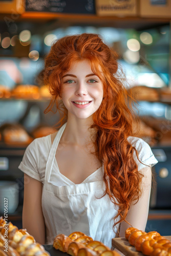 Smiling ginger-haired woman standing in bakery