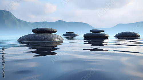 Calmness on water zen stones balance in calming reflections