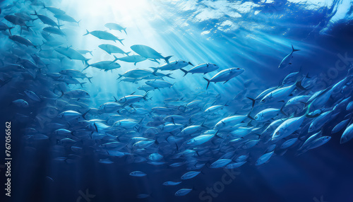 A school of fish underwater hunting in a group
