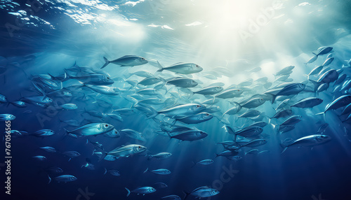 A school of fish underwater hunting in a group