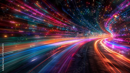Long exposure capturing the colorful light trails of night traffic on highway