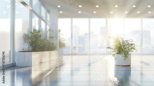 Beautiful blurred background of a light modern office interior with panoramic windows  beautiful lighting  and contemporary furnishings. Generative AI