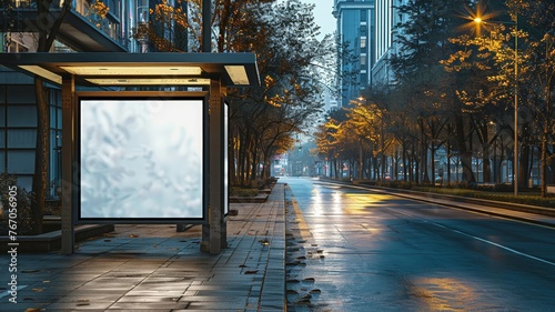 Tranquil cityscape with illuminated bus shelter and autumn leaves