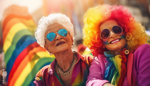 Old people at gay pride parade with rainbow flags , LGBQ concept