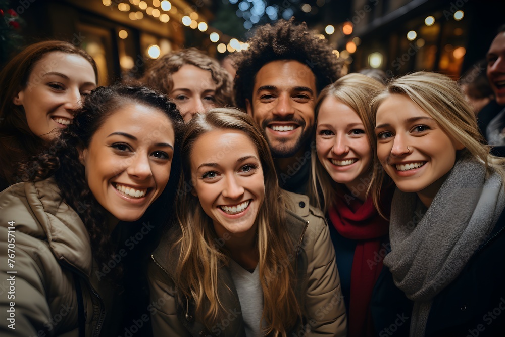 Friends taking a selfie while celebrating New Year in the city streets