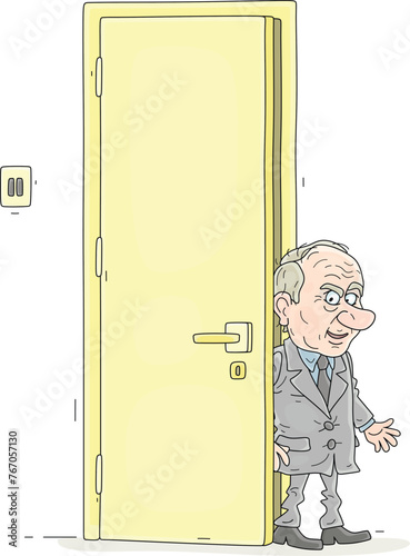 Angry and suspicious official in an old-fashioned grey business suit entering his office with a very high yellow door, vector cartoon illustration on a white background