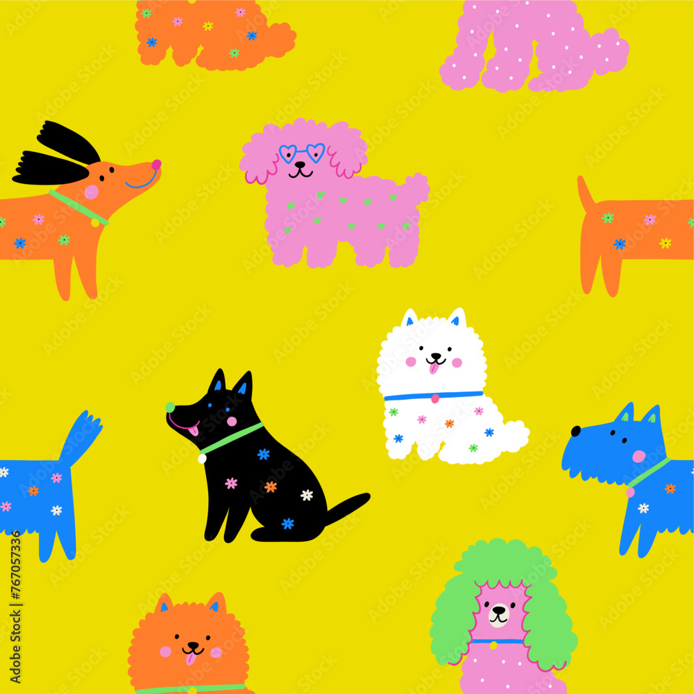 Multicolor cute dogs of different breeds, vector illustration in flat style. Spring pet on a walk with floral pattern	
 - obrazy, fototapety, plakaty 