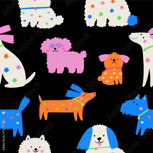 Multicolor cute dogs of different breeds, vector illustration in flat style. Spring pet on a walk with floral pattern   © webmuza