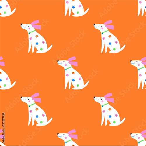 Multicolor cute dogs of different breeds, vector illustration in flat style. Spring pet on a walk with floral pattern   © webmuza