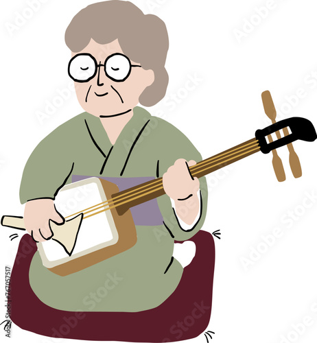 着物を着て三味線を弾くおばあさん
