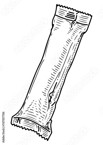 Chocolate bar in packaging sketch. Sweet candy snack. Hand drawn vector line illustration.