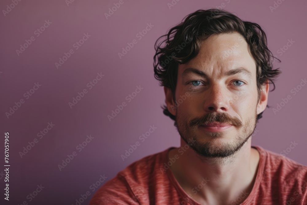 Portrait of a handsome young man with beard and mustache on a purple background Portrait of a handsome young man with beard and mustache on a purple background