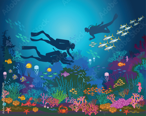 School of Sea Fish and divers. Fish swimming under the sea