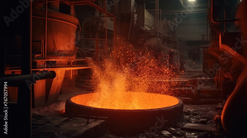 Liquid iron molten metal pouring in container,