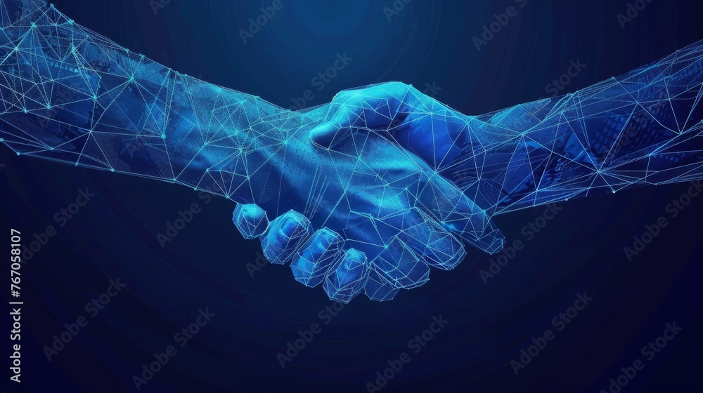 A handshake isolated on a blue background. Illustration of a business collaboration, teamwork, partnership deal, corporate meeting, contract, friendship concept. - obrazy, fototapety, plakaty 