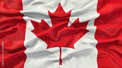 A flag of Canada blowing in the wind. The flag is red and white, with a red maple leaf in the center.