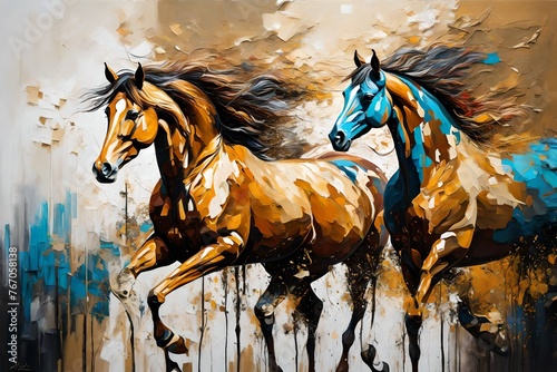 Oil painting with abstract strokes. Art painting, gold, horse, wall art, modern artwork, paint spots, paint strokes, knife paintings. Mural painting, mural art, wall art, large stroke oil paintings