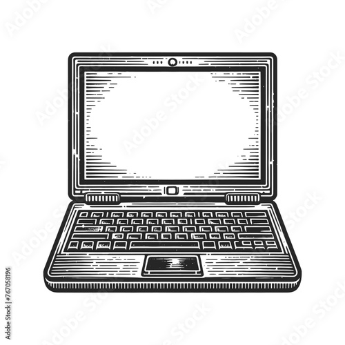 Open laptop computer, showcasing the classic design elements of early portable computers sketch engraving generative ai vector illustration. Scratch board imitation. Black and white image.