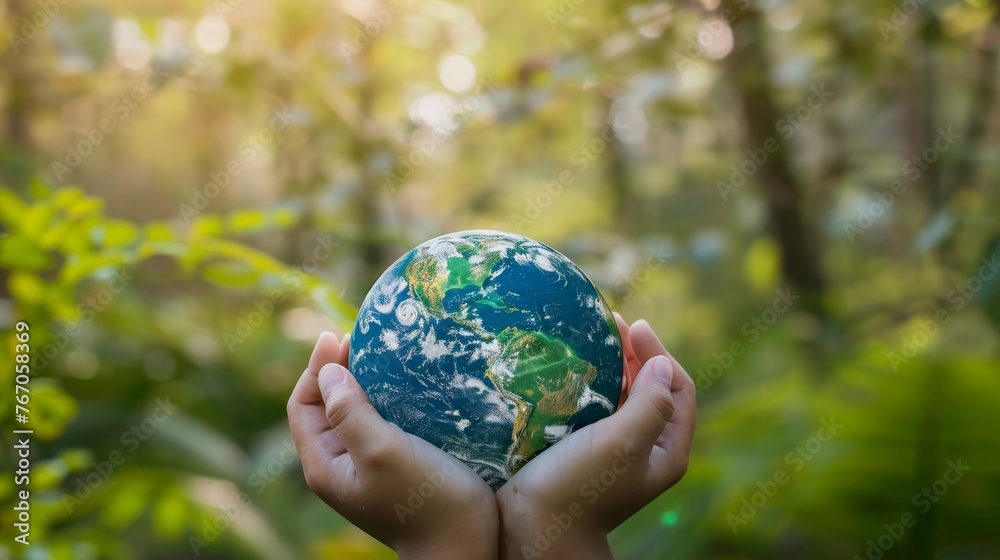 An image depicting the Sustainable Development Goals (SDGs). A hand holding an earth globe is positioned over a bokeh-like green natural backdrop. NASA provided some of the elements of this image. - obrazy, fototapety, plakaty 