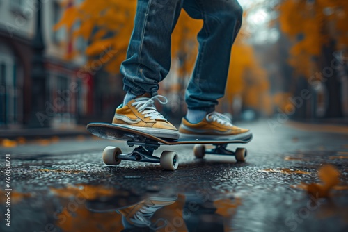 Skateboarder rolling on wet asphalt with skateboard deck