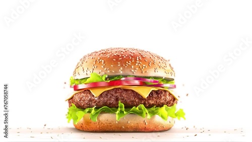 Burger falling beef, bun, vegetables slow motion, depth of field