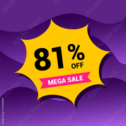 81% sale badge vector illustration on a purple gradient background. Eighty one percent price tag. Yellow and purple.