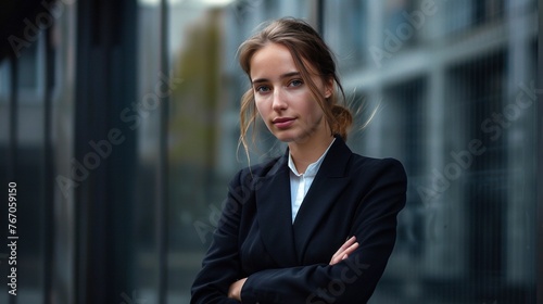 A professional magazine cover, featuring a confident young businesswoman against a sleek urban backdrop