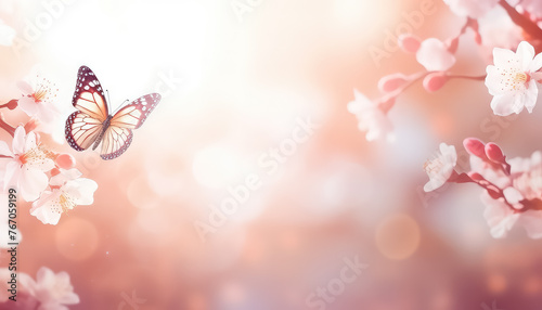 Butterfly and blossoming tree, sakura and apple tree