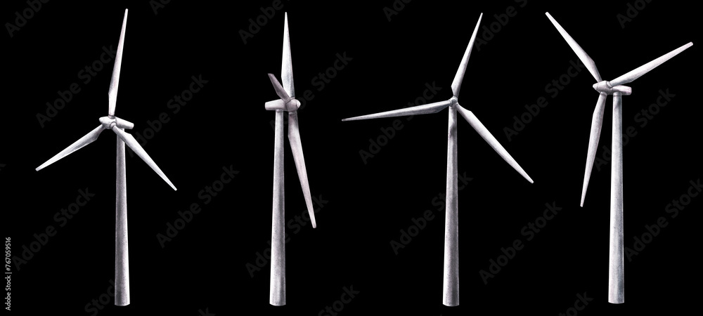 Watercolor eco wind turbine, windmills set. Hand drawn illustration. For ecology theme, alternative renewable energy, environmental protection print, sticker logo. Isolated clipart on back background Watercolor eco wind turbine, windmills set. Hand drawn illustration. For ecology theme, alternative renewable energy, environmental protection print, sticker logo. Isolated clipart on back background