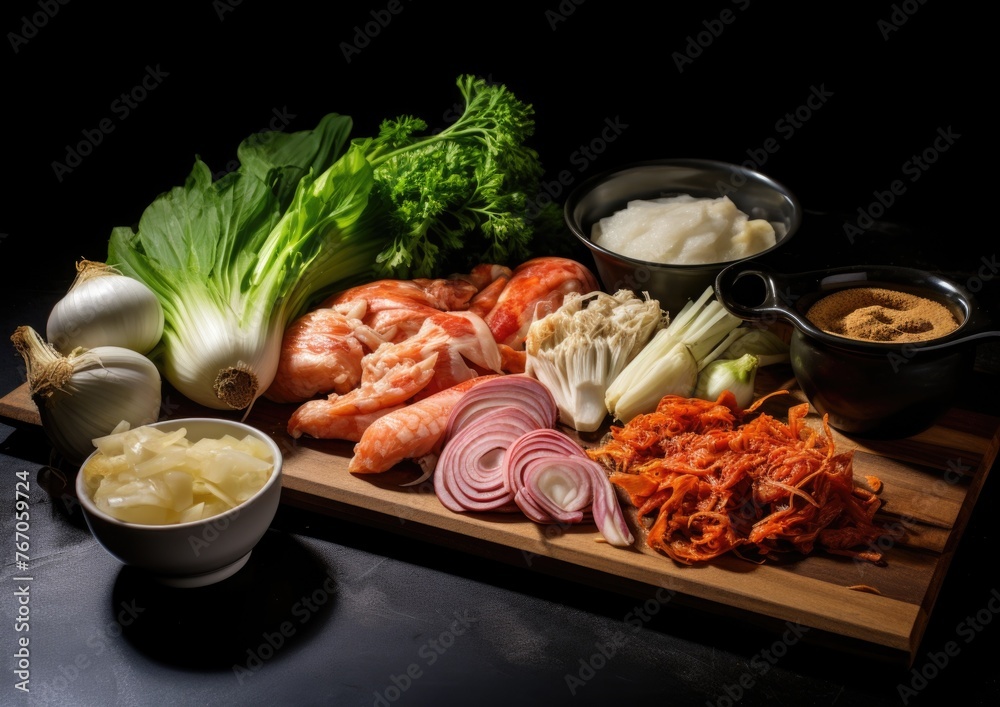 Assorted Seafood and Spices on Wooden Board