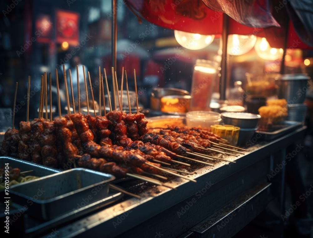 Street food skewers on grill at night market	