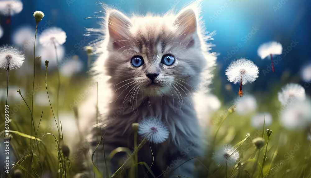 Cute blue-eyed cat on the background of a flower meadow