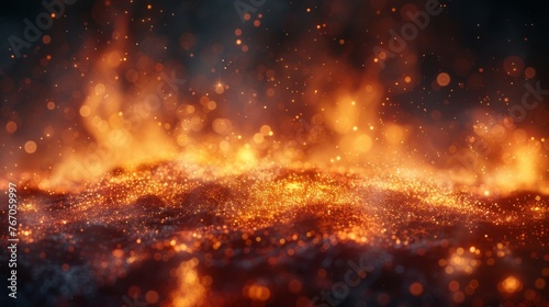 Animated abstract background in 4K of fiery orange glowing particles flying away from a large fire in the night sky. Animation of smoke from a fire in the night sky.