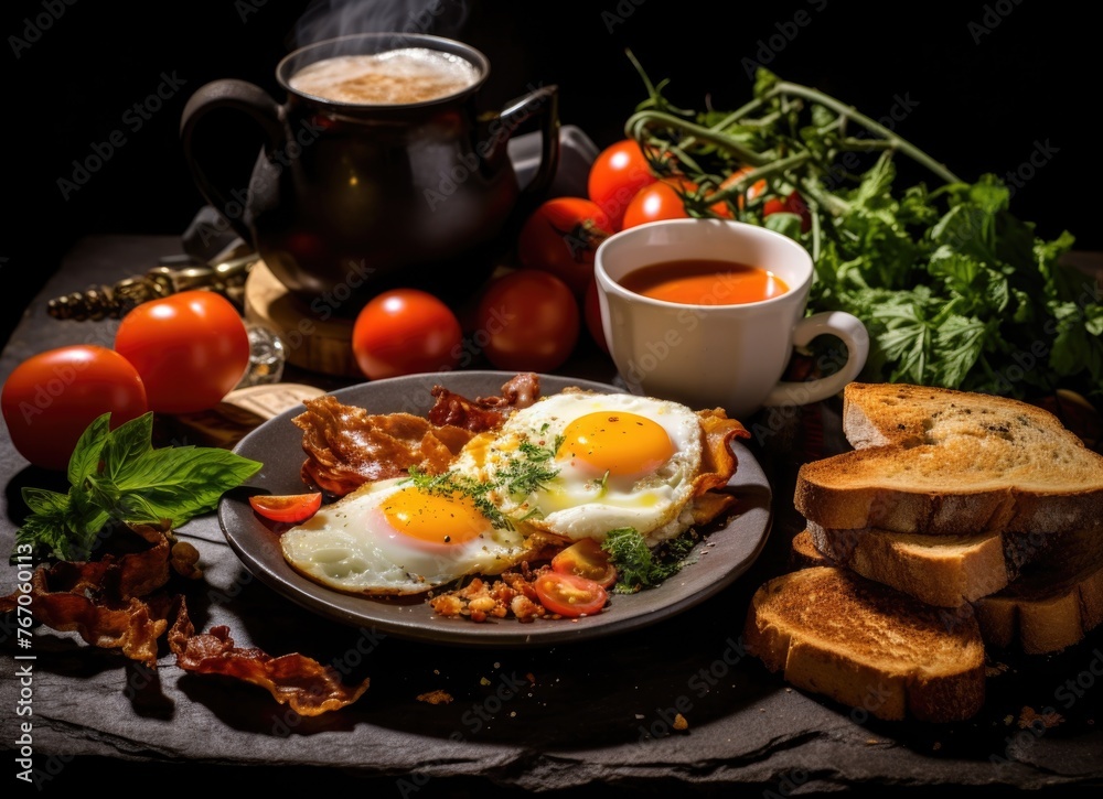 Plate of food with eggs, bacon, tomatoes, and toast Plate of food with eggs, bacon, tomatoes, and toast