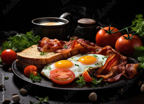 Plate of Food With Eggs, Bacon, Tomatoes, and Toast