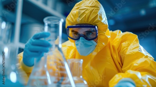 Confident chemist in yellow hazmat suit hold test-tube experimental vaccine covid infection wear yellow latex gloves goggles breathing mask
