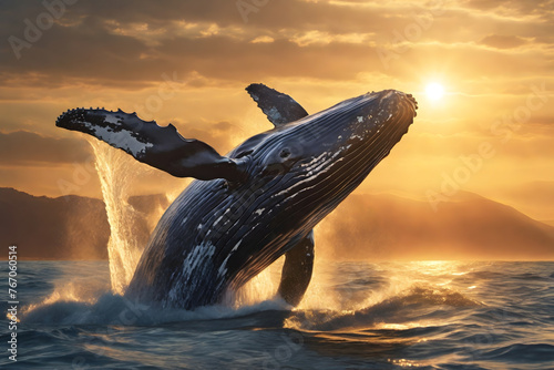 A humpback whale breached the ocean surface, bathed in the glow of golden sunlight in the evening. © DilSpace