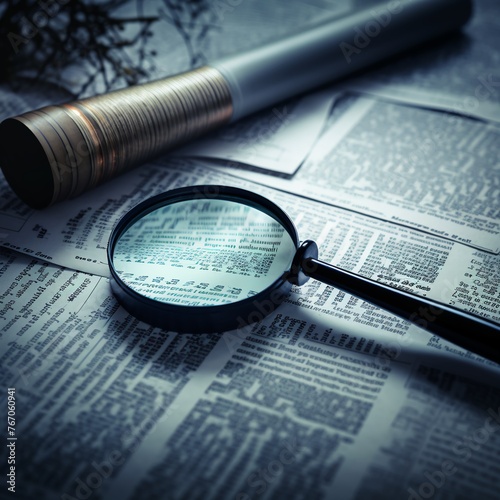 magnifying glass on financial newspaper